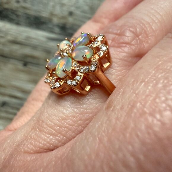 Australian Opal Rose Gold Plated Sterling Silver Flower Ring - Picture 6 of 8